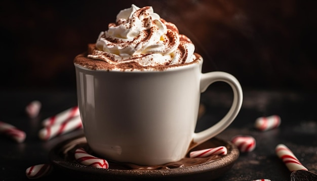 Whipped cream and chocolate on rustic table generated by AI