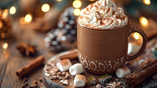 Photo whipped cream cocoa in brown mug with christmas lights illustration