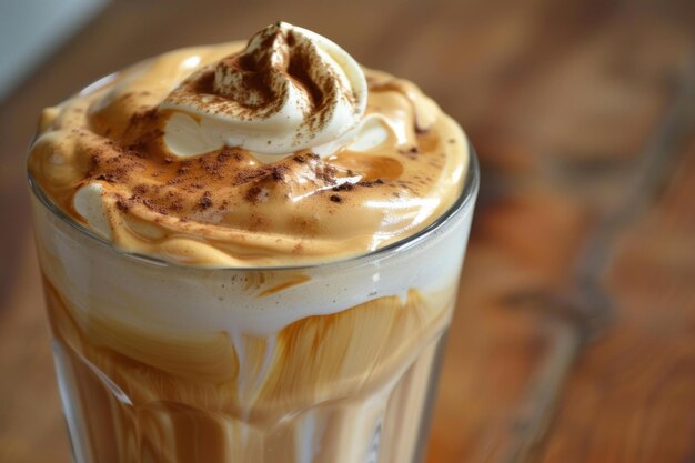 Whipped cream topped iced coffee in glass