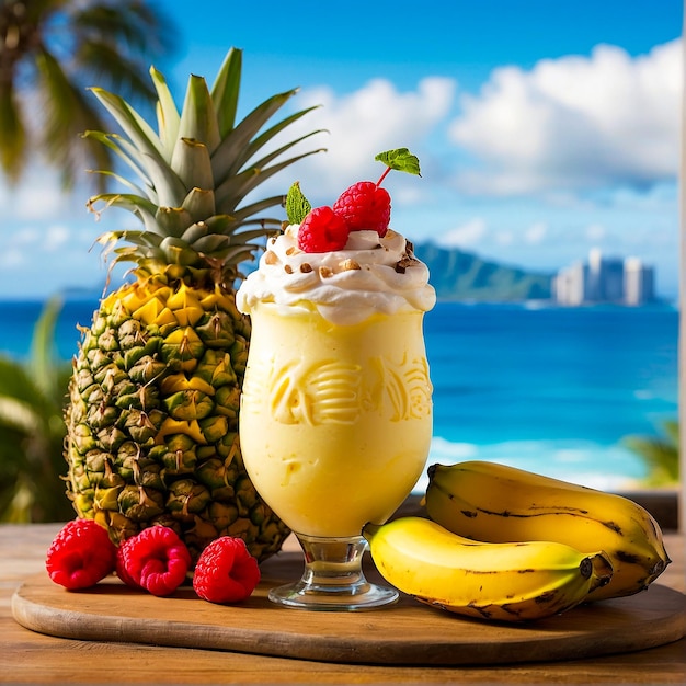 Whipped Cream Topped Pina Colada In Tropical Hawaiian Setting Generated by AI