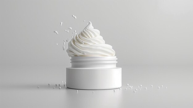 Photo the whipped white cream splashed above a jar smooth swirls elegant container grey background gentle spread food or skincare concept