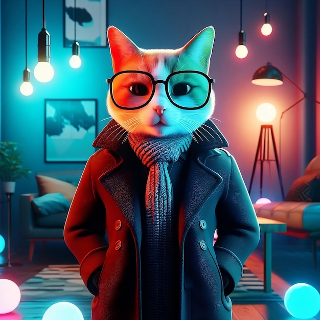 Whiskered Elegance Dapper Feline in Spectacles and Jacket Amidst a Kaleidoscopic Ambiance