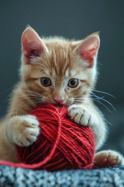 Photo whiskerwrapped fun a playful kitten with red yarn