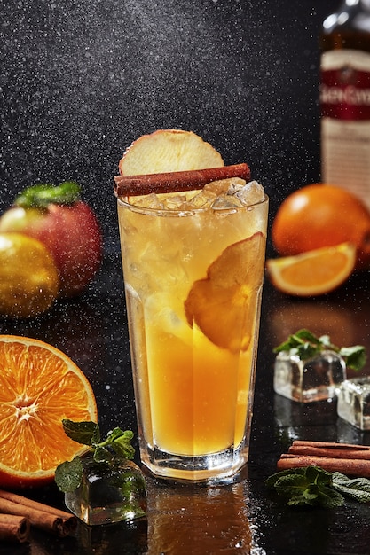 Whiskey based cocktail with lemon and orange juices apple pie syrup cider cinnamon