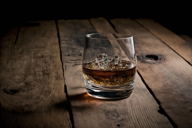 Whiskey bourbon glass on dark woody background close up