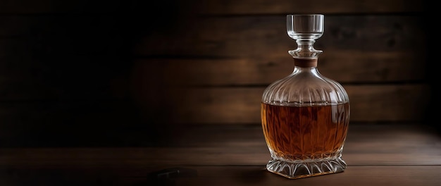 Whiskey decanter on dark panoramic wooden background