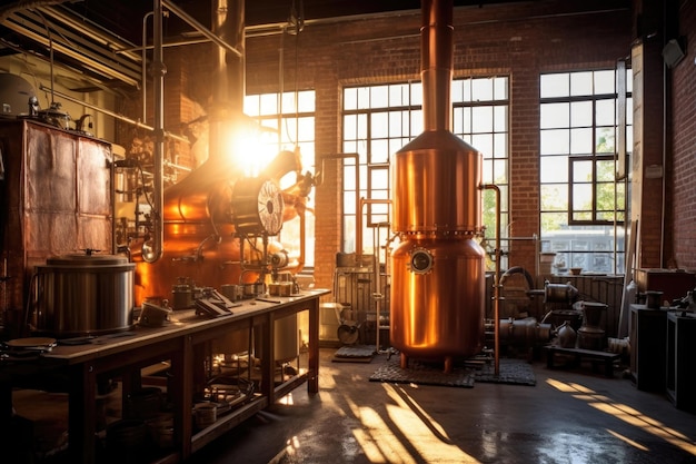 Whiskey distilling process captured in sunlight created with generative ai