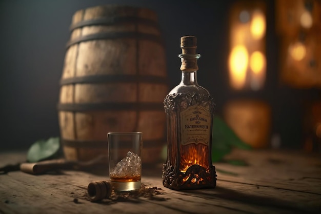 Whiskey glass brandy Bottle of whiskey with ice Glass of Scotch and ice sits on top of a rustic whiskey barrel old fashioned cocktail classic bourbon and bitters barrels