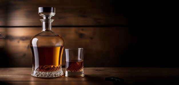 Whiskey glass decanter on dark panoramic wooden background