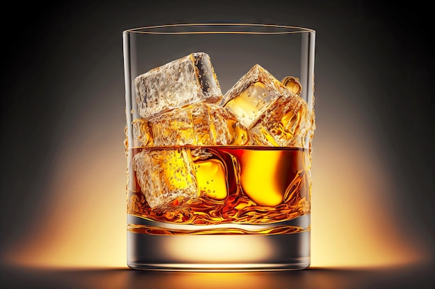 Whiskey glass with golden brandy with ice cubes