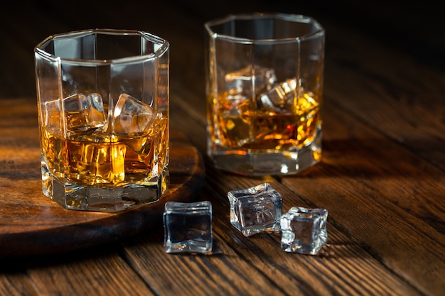 Whiskey in glass with ice