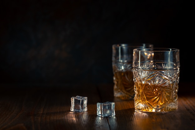 Whiskey in glass with ice