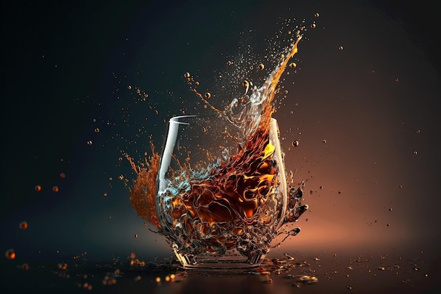 Whiskey or rum splashing out of a glass on black background and reflections Alcohol luxury concept