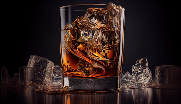 Whiskey with ice cubes on black backgroundgenerative ai