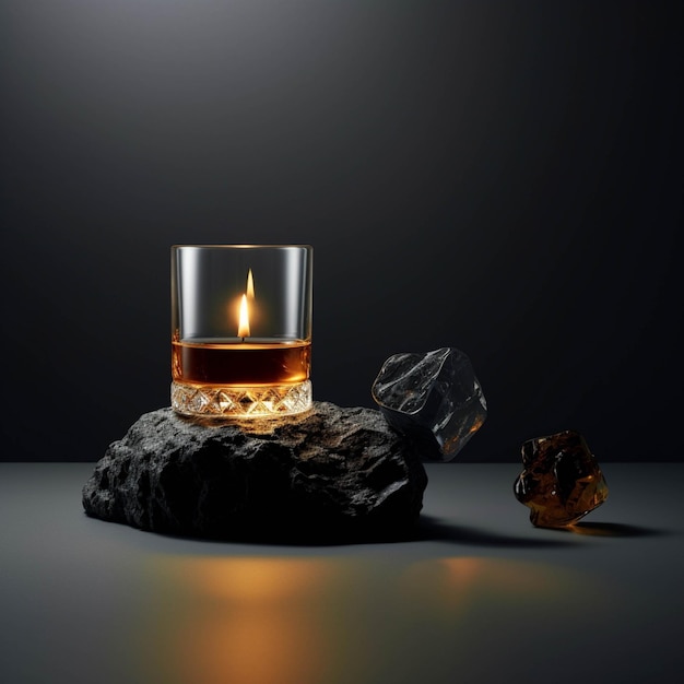 Whiskey with ice cubes on a dark background 3d rendering