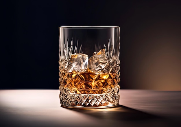 Whiskey with ice in glass on black background