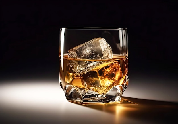 Whiskey with ice in glass on black background