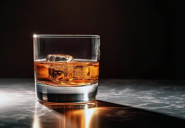 Whiskey with ice in glass on black background