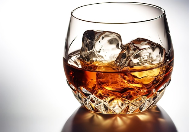 Whiskey with ice in glass on a white background