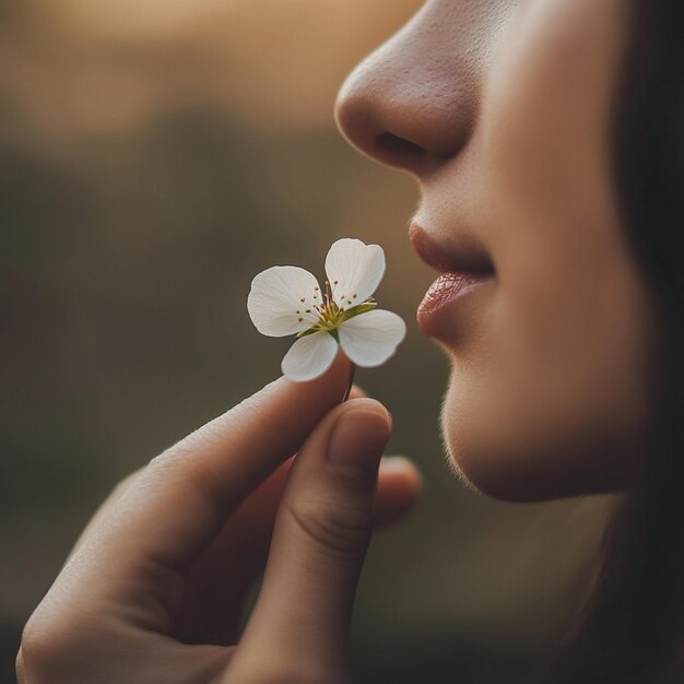 Photo whisper of spring closeup of woman holding a small white flower