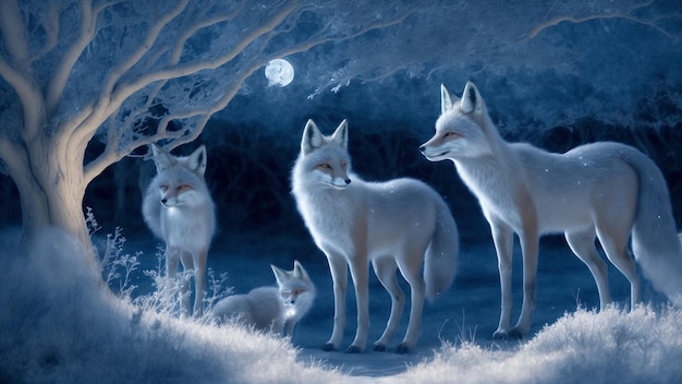 The Whispering Moonlit Fox Spirits Under the silvery glow of a moonlit nigh