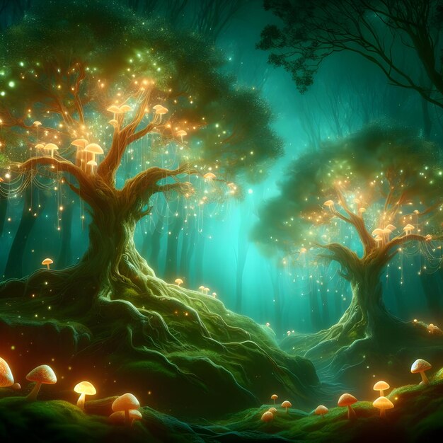 Whispering Trees Majestic trees adorned with radiant glowing mushrooms casting a spellbinding aur