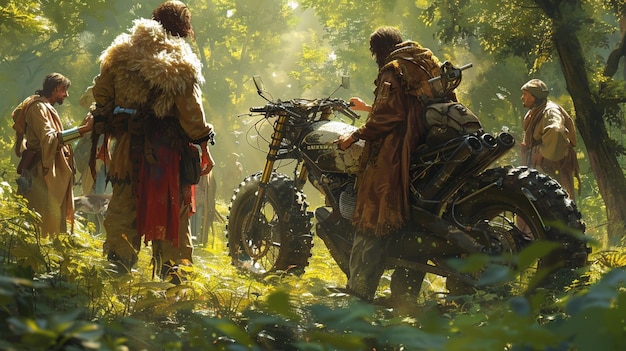 Whispers of the Forest Medieval Wanderers Engrossed by a Mechanical Steed