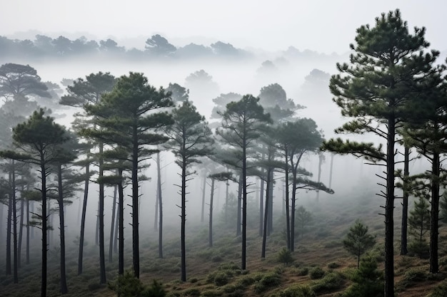 Whispers of the Mist Enigmatic Pinus Forest Landscape