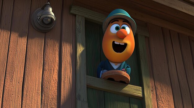 Photo whistling character from animated film greets passersby from the window of cozy cabin during daytime