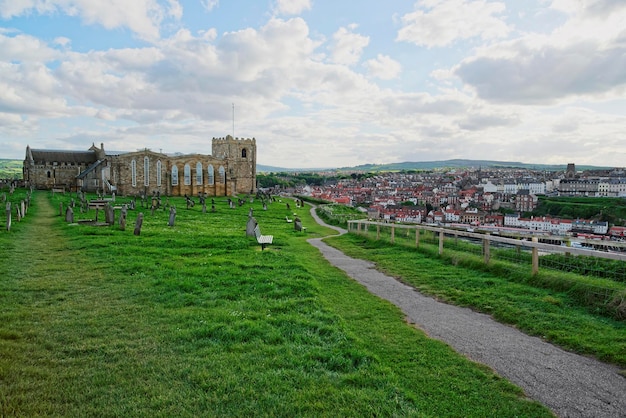 Whitby Abbey Church and Cemetery in North Yorkshire in England. It is ruins of the Benedictine abbey. Now it is under protection of the English Heritage.