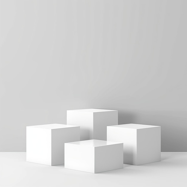 White 3D cubes on white background Abstract minimal geometric shapes Empty podiums