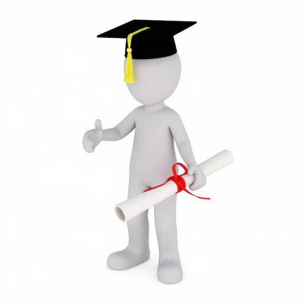 Photo white 3d figure in a graduation cap holding a diploma and giving a thumbs up gesture