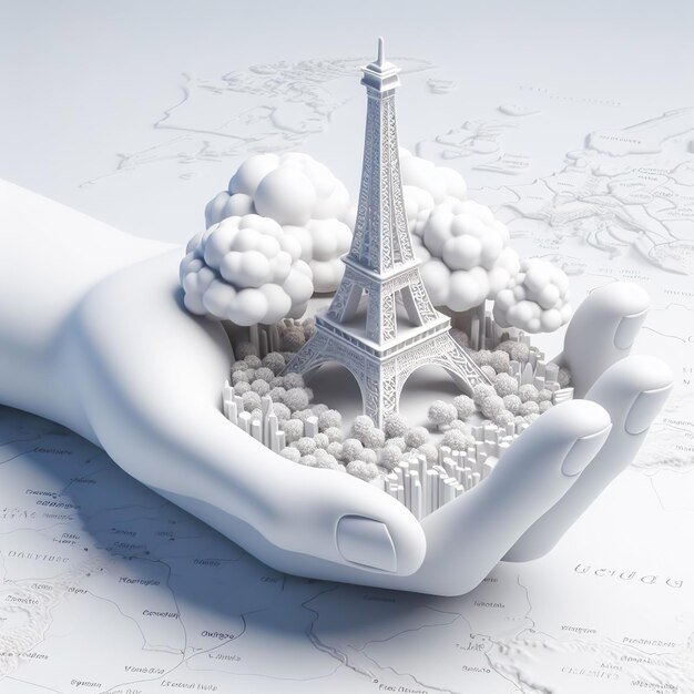 Photo white 3d hand holding the eiffel tower in paris historical monuments ai generated