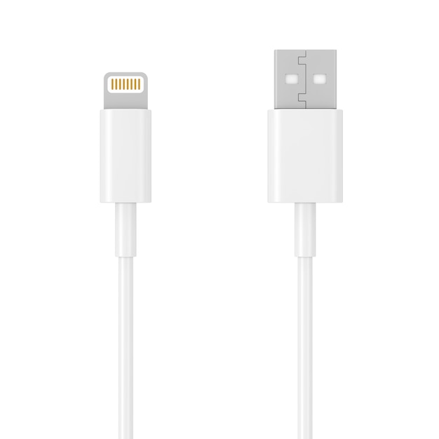 White 8 Pin Charger Cable for Smartphone on a white background. 3d Rendering