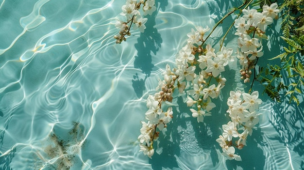 White acacia flowers in blue transparent water Summer floral composition with sun and shadows Nature concept Top view Selective Generate Ai