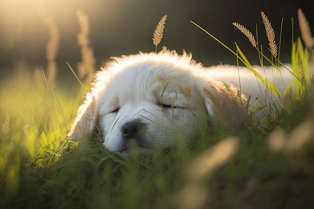 White adorable puppy snoozes on ground