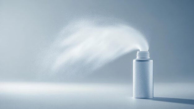 Photo a white aerosol spray bottle releasing a fine mist against a light background in a welllit setting