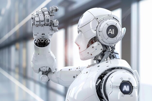 White AI robot standing in a modern industrial setting representing the advancement and integration