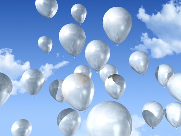 White air balloons floating on a blue sky