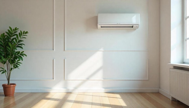 a white air conditioner is on a wall in a room