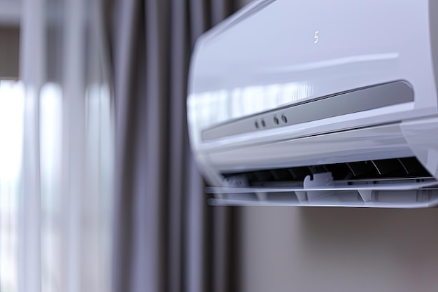 A white air conditioner sitting on top of a window sill