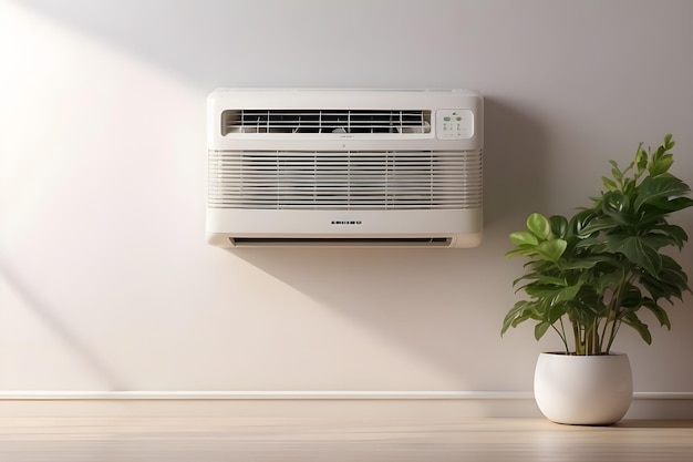 a white air conditioner on a wall with a plant in it