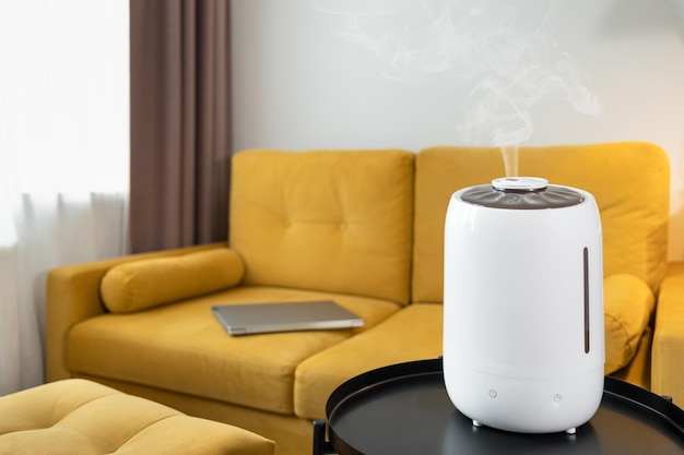 White air humidifier spreading steam. Humidification of dry air in living room. Selective focus on vapor. Air purity concept. Increasing the humidity in the room. Sofa with laptop on it on background.