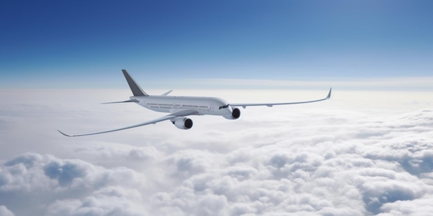 A white airplane flies above the clouds.