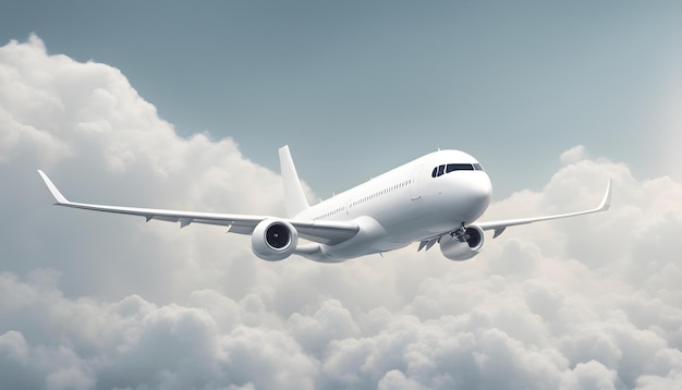 a white airplane flying in the sky with clouds in the background