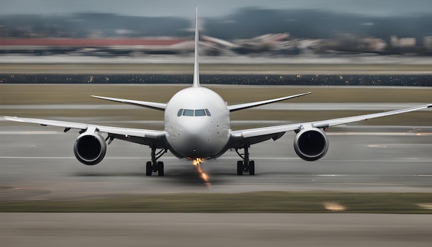 a white airplane is on the runway and it is taking off