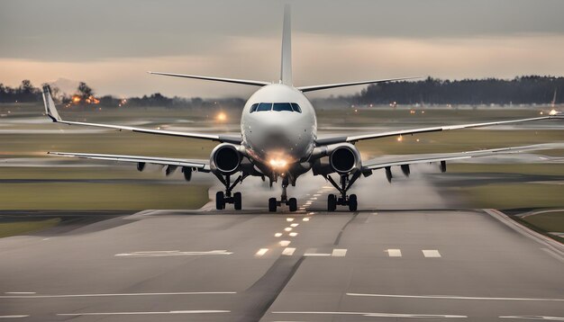 a white airplane is on the runway with the lights on