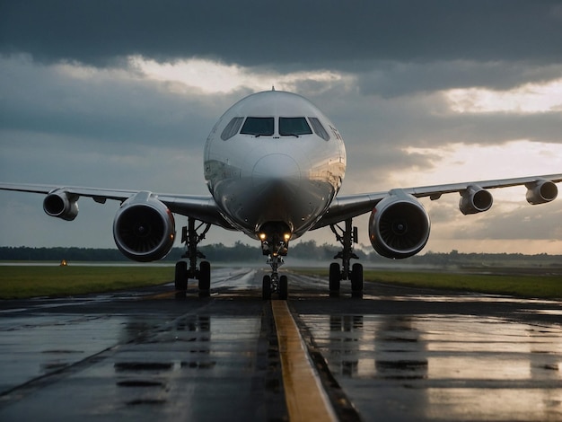 a white airplane is on the runway with the sun behind it