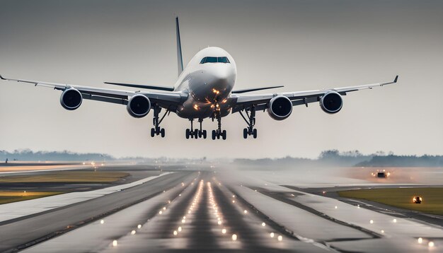 a white airplane is taking off from the runway