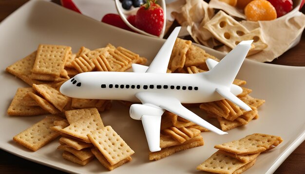 a white airplane with a strawberry and blueberry crackers on it